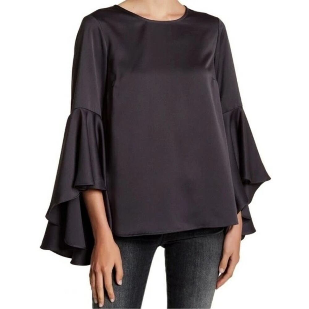 Ro & De grey Satin Bell Sleeve Blouse size large Ruffle Draped Hem Boho Chic